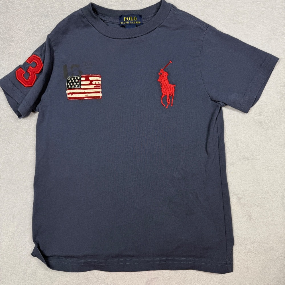 Kids Polo Ralph Lauren Navy Blue T Shirt Size 5 US Flag Pony‎ Logo Short Sleeve